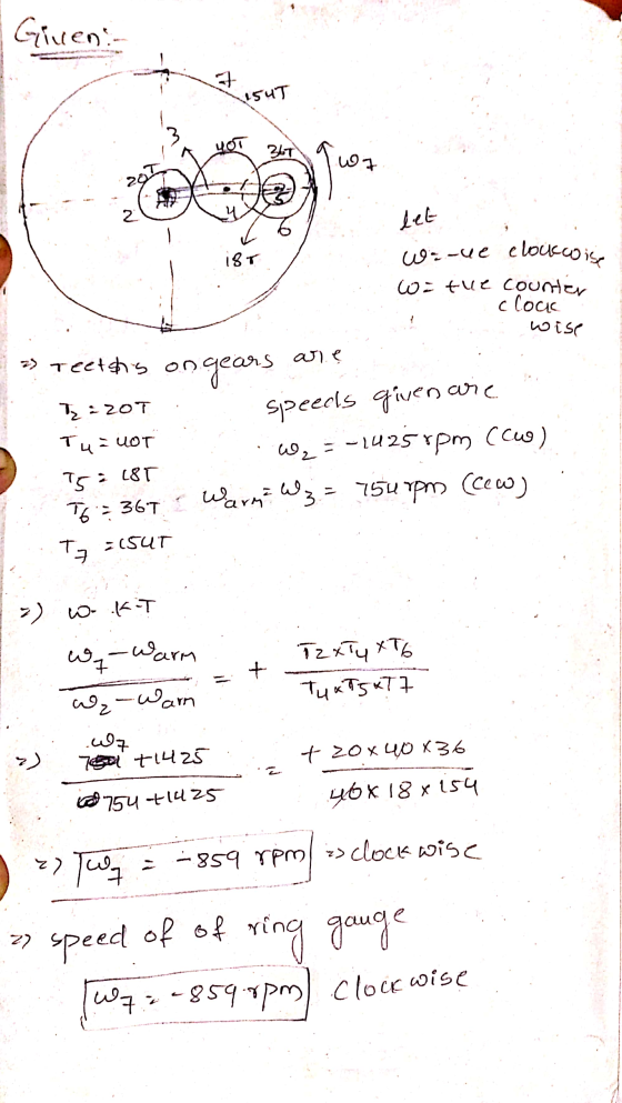 Giveni tisut 367 gun 6 let i8T W -ue e loucois w = the counter O clock wise 23 Teeths on gears are T2=207 speeds given are T