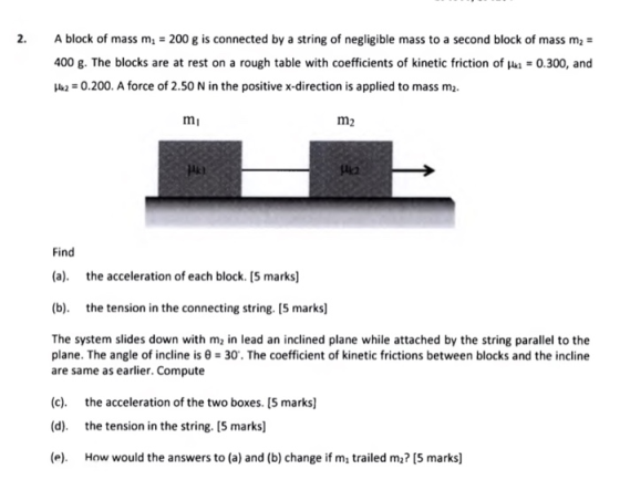 A block of mass m = 200 g is connected by a string of negligible mass to a second block of mass ma 400 g. The blocks are at r