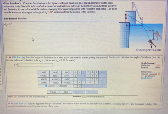 (8%) Problem 3: Consider the situation in the figure -a student diver in a pool and an instructor on the edge, outside the wa