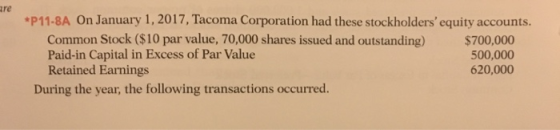 re P11-8A On January 1, 2017, Tacoma Corporation had these stockholders equity accounts Common Stock ($10 par value, 70,000 shares issued and outstanding) Paid-in Capital in Excess of Par Value Retained Earnings $700,000 500,000 620,000 During the year, the following transactions occurred.
