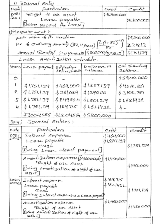 Jan-1 1 1 Journal Enly bate Particulars Debit cxdit 2021 Right to use asset $5,800,000 Lease payable $5.80000 feing second th