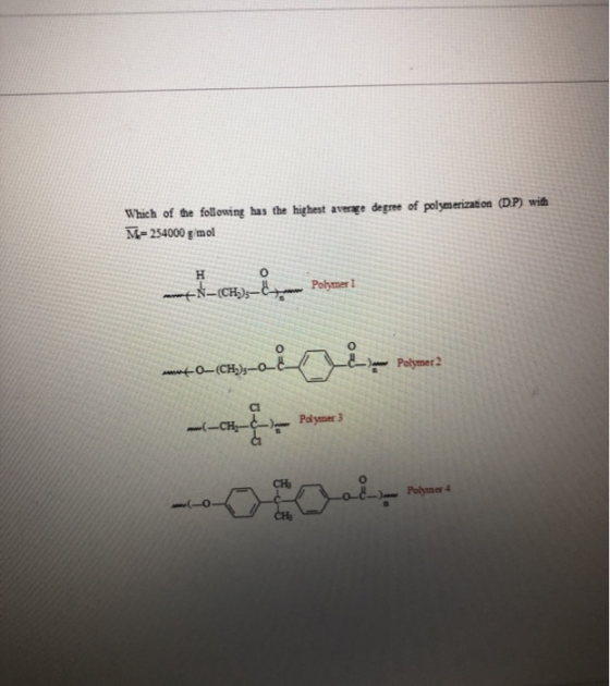 Which of the following has the highest average degree of polymerization (DP) with M= 254000 s mol - جون سيدة و #C - م ور مس ا