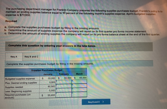 The purchasing department manager for Franklin Company prepared the following supplies purchases budget. Franklins policy is