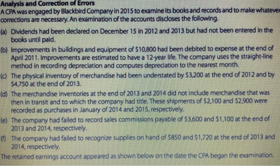 Analysis and Correction of Errors ACPA was engaged by Blackbird Company in 2015 to examine its books and records and to make
