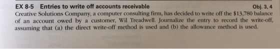 EX 8-5 Entries to write off accounts receivable Creative Solutions Company, a computer consulting firm, has decided to write