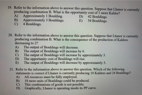 19. Refer to the information above to answer this question. Suppose that Lhanor is currently producing combination B. What is