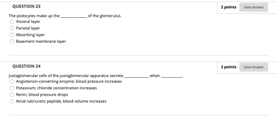 QUESTION 23 2 points Save Answer The podocytes make up the ___of the glomerulus. O Visceral layer O Parietal layer Absorbing