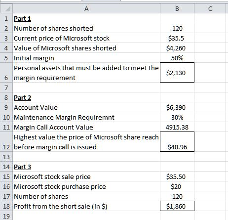 B с 120 $35.5 $4,260 50% $2,130 A 1 Part 1 2 Number of shares shorted 3 Current price of Microsoft stock 4 Value of Microsoft
