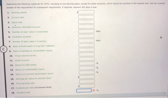 Determine the following measures for 2012, rounding to one decimal place, except for dollar amounts, which should be rounded