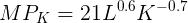 \large MP_K = 21L^{0.6}K^{-0.7}