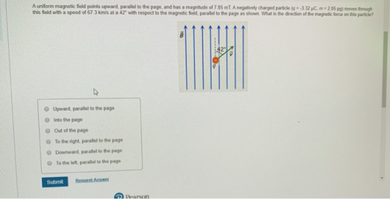 A uniform magnetic field points upward, parallel to the page, and has a magnitude of 785 ml. A negatively charged particle q.