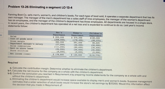 Problem 13-26 Eliminating a segment LO 13-4 Fanning Boot Co. sells mens, womens, and childrens boots. For each type of boo