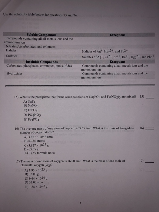 Use the solubility table below for questions 73 and 74. Exceptions Soluble Compounds Compounds containing alkali metals ions