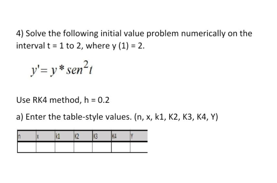 4) Solve the following initial value problem numerically on the interval t = 1 to 2, where y (1) = 2. y= y* sen? Use RK4 met