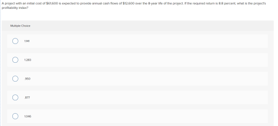 A project with an initial cost of $61,600 is expected to provide annual cash flows of $12,600 over the 8-year life of the pro