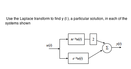 Use the Laplace transform to find y (t), a particular solution, in each of the systems shown te-PuO) e-ul)