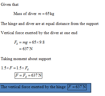 Given that Mass of diver m 65kg The hinge and diver are at equal distance from the support Vertical force exerted by the dive