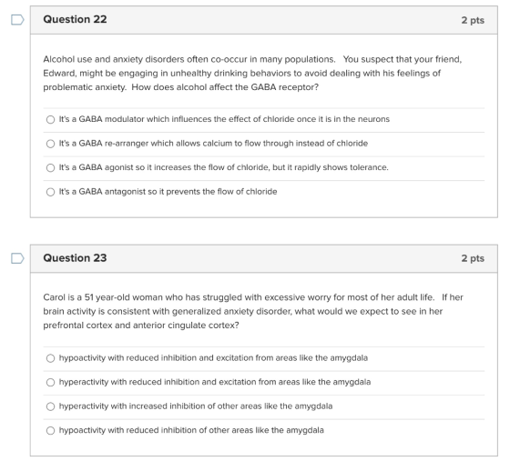 Question 22 2 pts Alcohol use and anxiety disorders often co-occur in many populations. You suspect that your friend, Edward,