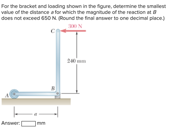 For the bracket and loading shown in the figure, determine the smallest value of the distance a for which the magnitude of th