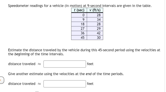 Speedometer readings for a vehicle (in motion) at 9-second intervals are given in the table. t (sec) v (ft/s) 0 28 9 18 34 28