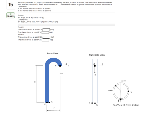 15 Section 5, Problem 15 (25 pts.). A member is loaded by forces a, cand d as shown. The member is a hollow member with an ou