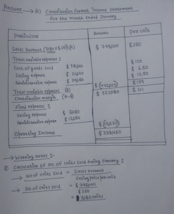Answer → a) Contribution format income Statement for the month ended January Amount Particulars Perunit $ 795000 $250 Units $