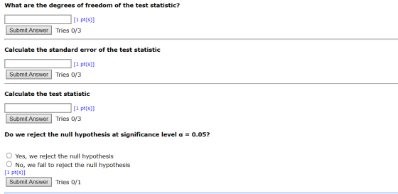 What are the degrees of freedom of the test statistic? [1 pt(s)] Tries 0/3 Submit Answer Calculate the standard error of the