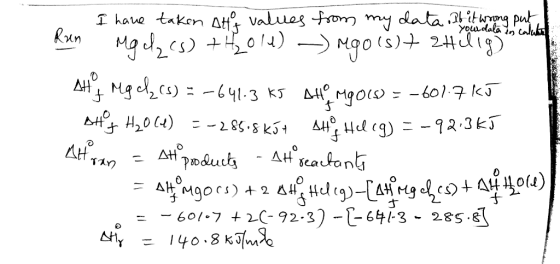 I haue taken At Valueg rom my data itg put Run Mg czs)04) 641.3 K aH -601.7 k Ht H20) sH Hl g)-92.3k AH seatont AtH podutts T