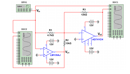 XFG1 xsci Agilent PP 0 0 0 Vin R3 12k0 두 12V XSC2 R1 Voal DD 4.7ko AD741CH R2 122 0 12V 12V Vot HH LM139AJ 120 TO TAG Hot