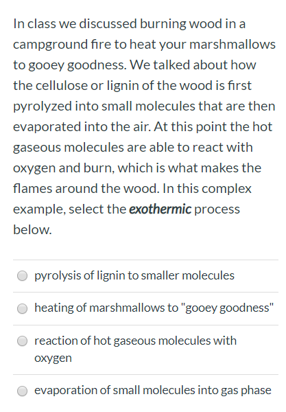 In class we discussed burning wood in a campground fire to heat your marshmallows to gooey goodness. We talked about how the