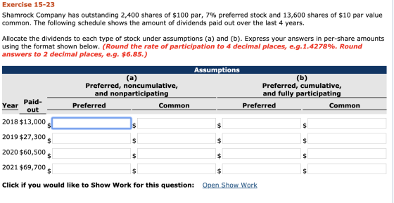 Exercise 15-23 Shamrock Company has outstanding 2,400 shares of $100 par, 7% preferred stock and 13,600 shares of $10 par val