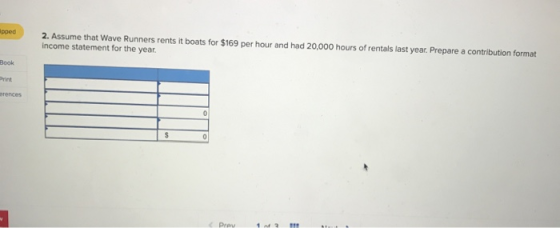 ped 2. Assume that Wave Runners rents it boats for $169 per hour and had 20,000 hours of rentals last year. Prepare a contrib
