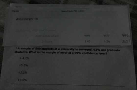 norango Alper Section BCA Assessment 50 Canidan 90% 95% 4990 2.57 Score 1.65 1.96 5 A sample of 500 students at a university