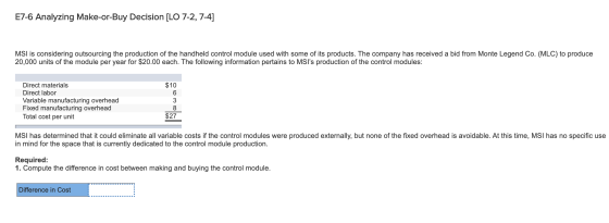E7-6 Analyzing Make-or-Buy Decision [LO 7-2, 7-4] MSI is considering outsourcing the production of the handheld control modul