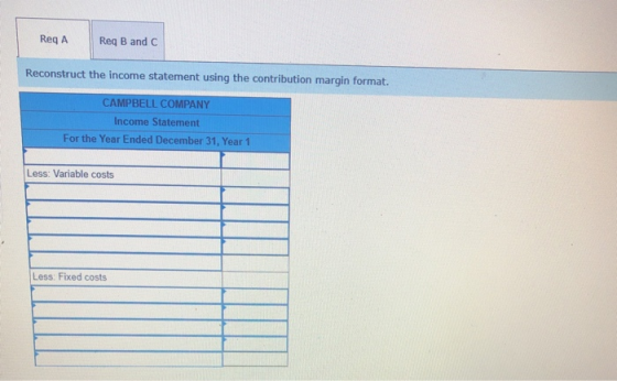 ReqA Req B and C Reconstruct the income statement using the contribution margin format. CAMPBELL COMPANY Income Statement For
