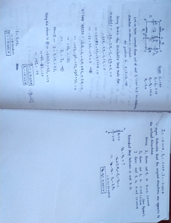dl Given E.; 1.gv E- - 3.7v signs indicates that the asigned diuctiona ona opesite to tha actual disuchans 1 Hence from ale, u b→a (o-2 A) see figune). Let us take current foon callof emf E, 이,8 vis linclockuria disuctian as shown in cinuit At Junction a, 1-1 -0 Potenbial dnop betoen a and b u 37-Co 20x3 Using tba above in -3 (25)-31 -> 1-9 1: ▼6.211 A a.