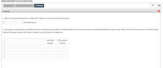 Single plantwide factory overhead rate Instructions Amount Descriptions Overhead Overhead a. Determine the single plantwide f