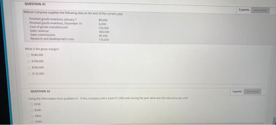 QUESTION 31 points Wildcat Company supplies the following data at the end of the current year Finished goods invertory, Janua