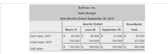 Sullivan, Inc. Sales Budget Nine Months Ended September 30, 2016 Quarter Ended Nine-Month March 31 June 30 September 30 Total Cash sales, 20% Credit sales, 80% Total sales 31,000 $ 124,000 155,000$ $ 26,000S 36,000 $ 93,000 372,000 465,000 104,000 144,000 $130,000$ 180,000 $