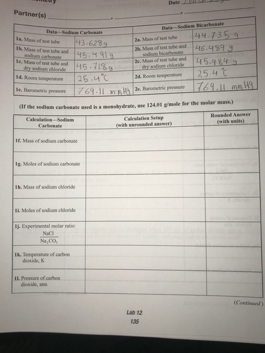 Muy Date A Partner(s) Data-Sodium Carbonate la. Mass of test tube 43.6289 1b. Mass of test tube and 454 919 sodium carbonate