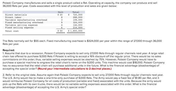 Polaski Company manufactures and sells a single product called a Ret. Operating at capacity, the company can produce and sell