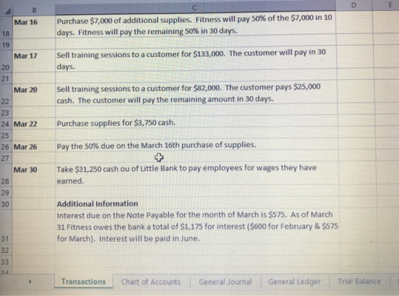 E B Mar 16 Purchase $7,000 of additional supplies. Fitness will pay 50% of the $7,000 in 10 days. Fitness will pay the remain