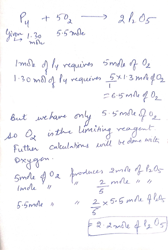 - more Py + 502 2 205 Given 1.30 5.5 mole a Imole of ly requires 5 mole of O₂ 1 1.30 mol of Py requires 5x13 more of Oz 26.5