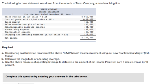 The following income statement was drawn from the records of Perez Company, a merchandising firm: PEREZ COMPANY Income Statem