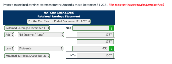 Prepare an retained earnings statement for the 2 months ended December 31, 2021. (List items that increase retained earnings