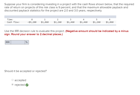 Suppose your firm is considering investing in a project with the cash flows shown below, that the required rate of return on
