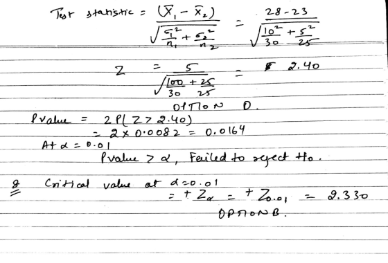 Test statistic = 28-23 (8,-*) 은 2 땶 40 + _ 5 loo 30 어 on Pv땐 = 2927240) = 0.0082 = 0.0164 At a=0.01 Pvalue z & Feiled to spec