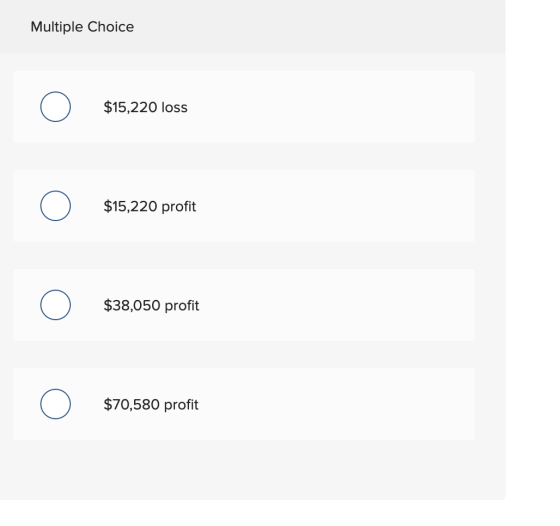 Multiple Choice $15,220 loss $15,220 profit $38,050 profit $70,580 profit
