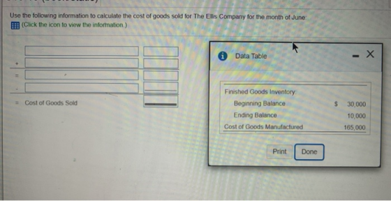 Use the following information to calculate the cost of goods sold for The Ellis Company for the month of June (Click the icon