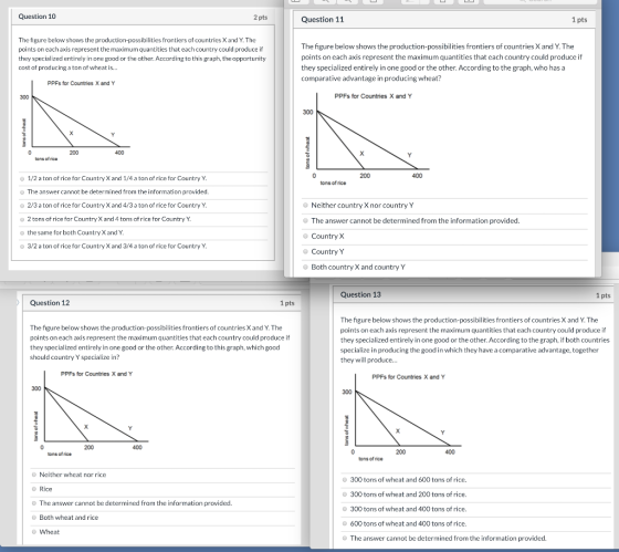 Question 10 2 pts Question 11 1 pts The figure below shows the production possibilities frontiers of countries X and Y. The p